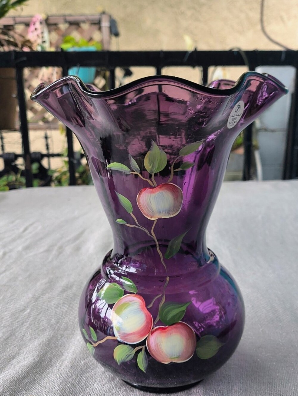 Fenton Apples On Aubergine Purple 100 Anniversary Vase Hand Painted By A. Deem